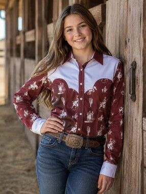 RANCH DRESS'N Fallon Taylor "Buckaroo" brown & white Performance rodeo shirt XL